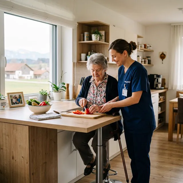 Eine Pflegekraft unterstützt eine ältere Dame im vertrauten Zuhause